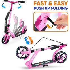 Hurtle Renegade HURTSPK.5 Lightweight Foldable Teen and Adult Adjustable Ride On 2 Wheel Transportation Commuter Kick Scooter, Pink