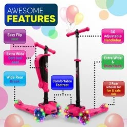 Hurtle ScootKid 3 Wheel Toddler Child Mini Ride On Toy Tricycle Scooter with Adjustable Handlebar, Foldable Seat, and LED Light Up Wheels, Pink