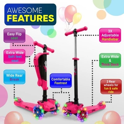 Hurtle ScootKid 3 Wheel Toddler Child Mini Ride On Toy Tricycle Scooter with Adjustable Handlebar, Foldable Seat, and LED Light Up Wheels, Pink 1 Hurtle ScootKid 3 Wheel Toddler Child Mini Ride On Toy Tricycle Scooter with Adjustable Handlebar, Foldable Seat, and LED Light Up Wheels, Pink