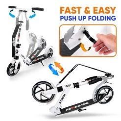 Hurtle Renegade Lightweight Foldable Teen and Adult Ride On 2 Wheel Transportation Commuter Kick Scooter with Adjustable Handlebar , White