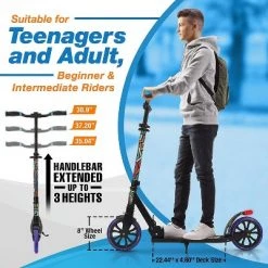 SereneLife SLTS24 Foldable Kick Scooter with 2 Big Wheels for Adults and Kids with Adjustable Grip Handlebars and Anti Slip Rubber Deck, Graffiti