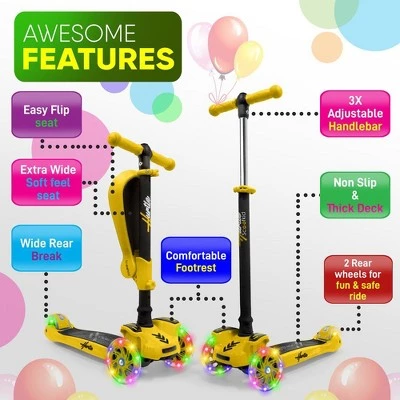 Hurtle ScootKid 3 Wheel Toddler Child Mini Ride On Toy Tricycle Scooter with Adjustable Handlebar, Foldable Seat, and LED Light Up Wheels, Yellow 1 Hurtle ScootKid 3 Wheel Toddler Child Mini Ride On Toy Tricycle Scooter with Adjustable Handlebar, Foldable Seat, and LED Light Up Wheels, Yellow