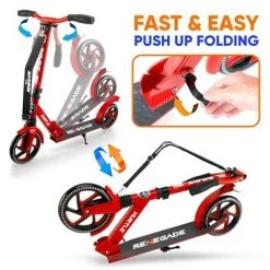 Hurtle Renegade HURTSRD.5 Lightweight Foldable Teen and Adult Adjustable Ride On 2 Wheel Transportation Commuter Kick Scooter, Red