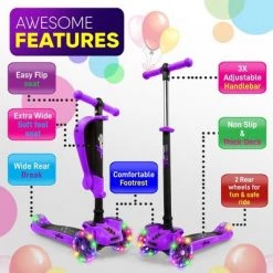 Hurtle ScootKid 3 Wheel Toddler Child Mini Ride On Toy Tricycle Scooter with Colorful LED Light Up Smooth Rolling Wheels, Purple