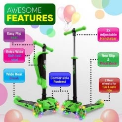 Hurtle ScootKid 3 Wheel Toddler Child Mini Ride On Toy Tricycle Scooter with Adjustable Handlebar, Foldable Seat, and LED Light Up Wheels, Green