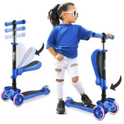 Hurtle ScootKid 3 Wheel Toddler Child Mini Ride On Toy Tricycle Scooter with Adjustable Handlebar, Foldable Seat, and Colorful Light Up Wheels, Blue