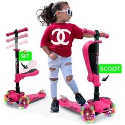 Hurtle ScootKid 3 Wheel Toddler Child Mini Ride On Toy Tricycle Scooter with Adjustable Handlebar, Foldable Seat, and LED Light Up Wheels, Pink (2 Pack)