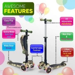 Sound Around Hurtle ScootKid 3 Wheel Child Toddler Toy Scooter with LED Wheel Lights and Adjustable Height for Ages 1 to 14 Years Old, Camo
