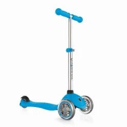 Globber Primo 3-Wheel Adjustable Height Blue Kids Kick Scooter Bundle with Razor V17 Youth Skateboard Scooter Bike Sport Helmet