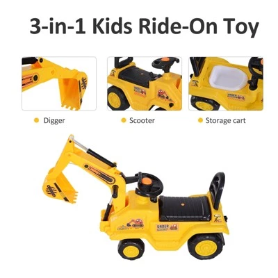 HOMCOM NO POWER 3 in 1 Ride On Toy Excavator Digger Scooter Pulling Cart Pretend Play Construction Truck 2 HOMCOM NO POWER 3 in 1 Ride On Toy Excavator Digger Scooter Pulling Cart Pretend Play Construction Truck - Image 2