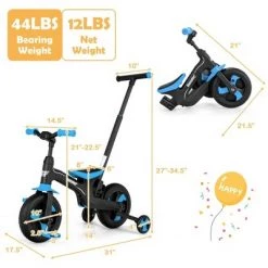 Costway 5-in-1 Kids Bicycle Foldable Toddler Balance Bike W/ Detachable Push Handle