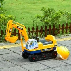 Qaba Kids Ride On Construction Excavator, Digger Scooper Tractor Toy 80° Rotation w/ Electric Controllable Digging Bucket, Safety Helmet Prentend Play for Toddler Yellow