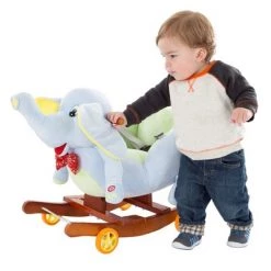 Toy Time Kids' 2-in-1 Plush Ride-On Rocking Elephant with Wheels- 27" x 13.5" x 20", Light Blue/Green