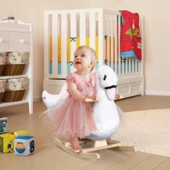 Qaba Plush Kids Ride On Rocking Horse Swan Style Toy White and Pink