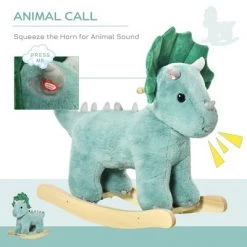 Qaba Kids Plush Ride-On Rocking Horse Triceratops-shaped Plush Toy Rocker with Realistic Sounds for Child 36-72 Months Dark Green -Riding Toys, Scooters & Hoverboards shop unnamed file 5031