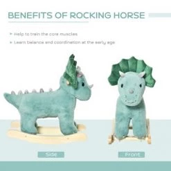 Qaba Kids Plush Ride-On Rocking Horse Triceratops-shaped Plush Toy Rocker with Realistic Sounds for Child 36-72 Months Dark Green -Riding Toys, Scooters & Hoverboards shop unnamed file 5033