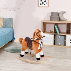 Qaba Kids Plush Toy Rocking Horse Ride on with Realistic Sounds - Brown