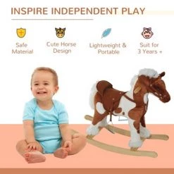 Qaba Kids Metal Plush Ride-On Rocking Horse Chair Toy With Nursery Rhyme Music - Light Brown / White -Riding Toys, Scooters & Hoverboards shop unnamed file 5054