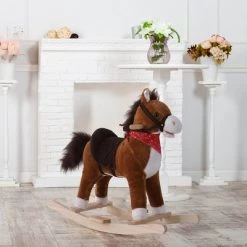 Qaba Kids Plush Toy Rocking Horse Ride on with Realistic Sounds with Red Scarf