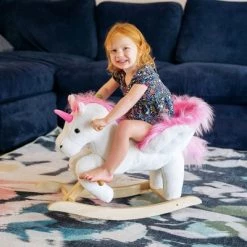 Qaba Kids Rocking Horse Wooden Plush Ride-On Unicorn Chair Toy with Lullby Song for 1-3 Years children