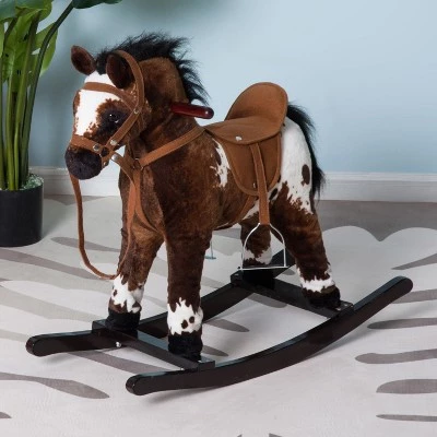 Qaba Kids Metal Plush Ride-On Rocking Horse Chair Toy With Realistic Sounds - Dark Brown/White 1 Qaba Kids Metal Plush Ride-On Rocking Horse Chair Toy With Realistic Sounds - Dark Brown/White