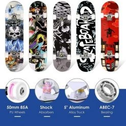 Hikole Complete Pro 7 Layer Canadian Maple Wood 31 Inch Double Kick Skateboard with 85A PU Wheels, Aluminum Trucks, and ABEC 7 Bearings, Letter