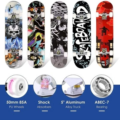 Hikole Complete Pro 7 Layer Canadian Maple Wood 31 Inch Double Kick Skateboard with 85A PU Wheels, Aluminum Trucks, and ABEC 7 Bearings, Letter 1 Hikole Complete Pro 7 Layer Canadian Maple Wood 31 Inch Double Kick Skateboard with 85A PU Wheels, Aluminum Trucks, and ABEC 7 Bearings, Letter