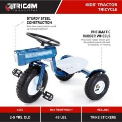 Tricam GCK-31 22 Inch Kids Steel Constructed Ol Blue Tractor Toy Beginner Tricycle with 3 Position Adjustable Seat and Pneumatic Wheels