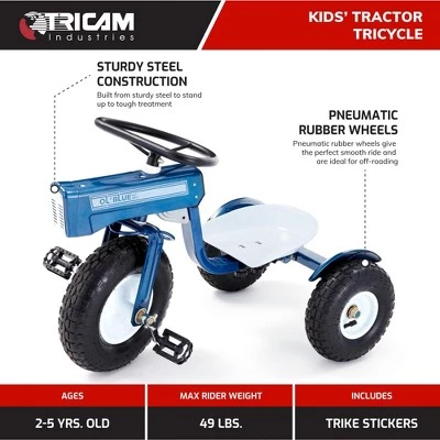 Tricam GCK-31 22 Inch Kids Steel Constructed Ol Blue Tractor Toy Beginner Tricycle with 3 Position Adjustable Seat and Pneumatic Wheels 1 Tricam GCK-31 22 Inch Kids Steel Constructed Ol Blue Tractor Toy Beginner Tricycle with 3 Position Adjustable Seat and Pneumatic Wheels