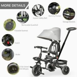 Qaba Baby Tricycle Stroller 4 In 1 Trike w/ Reversible Angle Adjustable Seat Removable Handle Canopy Handrail Belt Storage Footrest Brake Clutch for 1-5 Years Old Grey -Riding Toys, Scooters & Hoverboards shop unnamed file 6651